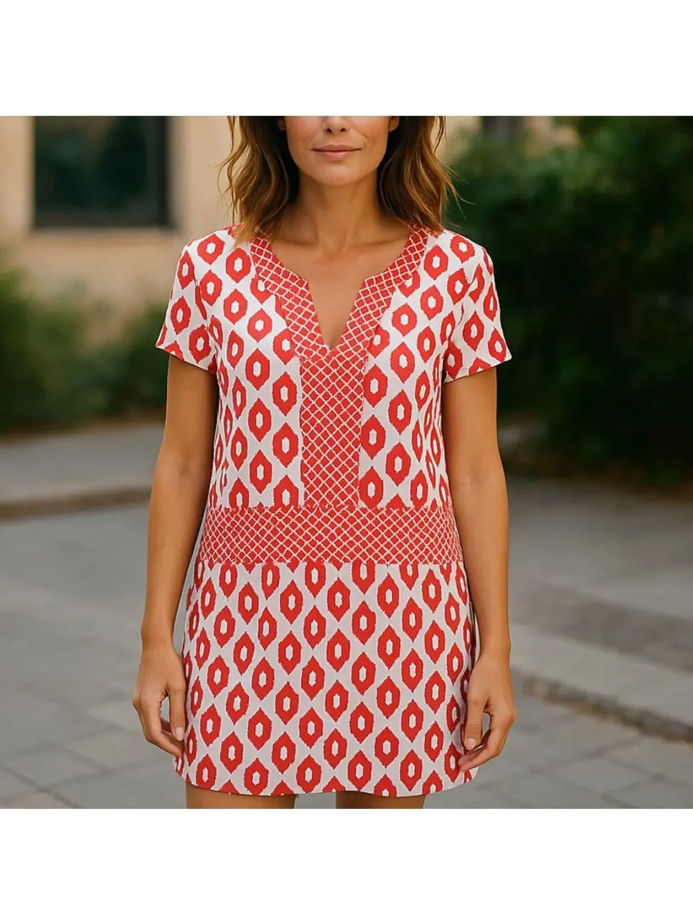 Joules Agnes Coral Ikat Print V Neck Short Sleeve Dress